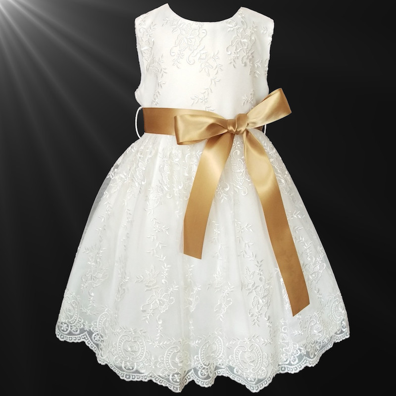 Girls Ivory Floral Lace Dress Gold Satin Sash Flower Girl